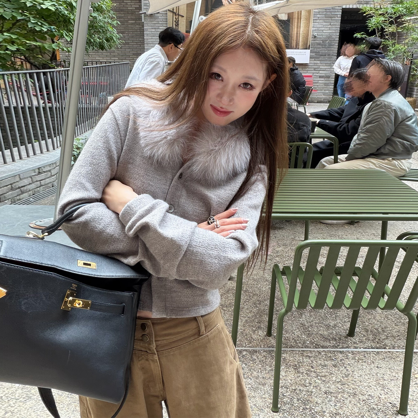 Avocadong （可拆卸）两色狐狸领毛针织修身款开衫女秋冬内搭上衣