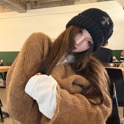 Avocadong 榛果色高克重宽松拉链开衫毛衣外套女士秋冬外搭针织衫