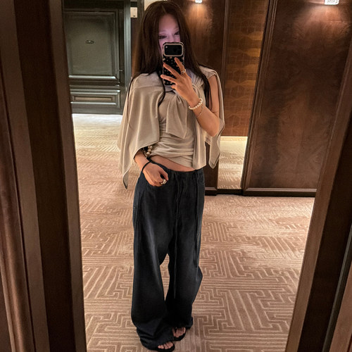 Avocadong 美国进口康龙天丝系带款宽松阔腿直筒牛仔裤女休闲长裤