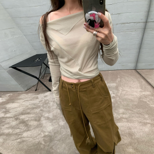 T恤女2025年新款 长袖 收腰显瘦气质针织上衣 灰杏色薄款 Avocadong
