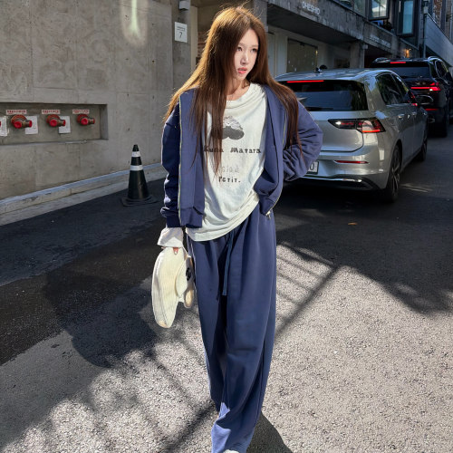 Avocadong 显白蓝色印花拉链开衫卫衣套装女秋冬直筒宽松休闲卫裤