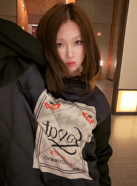 【Avocadong1/8AM10:00】黑色拼接印花亚麻棉菱格加厚款宽松卫衣