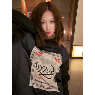 Avocadong 黑色拼接印花亚麻棉菱格加厚款宽松长袖卫衣女保暖上衣