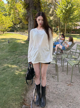 Avocadong 超柔软舒服长绒棉宽松圆领长袖白色T恤女秋季显瘦上衣