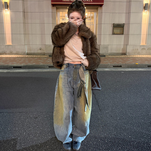 女宽松直筒长裤 阔腿牛仔裤 宽松手工涂鸦自然做旧脏脏裤 Avocadong