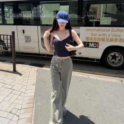 Avocadong chao美拼色交叉弹力款紧身吊带背心女夏收腰设计感上衣