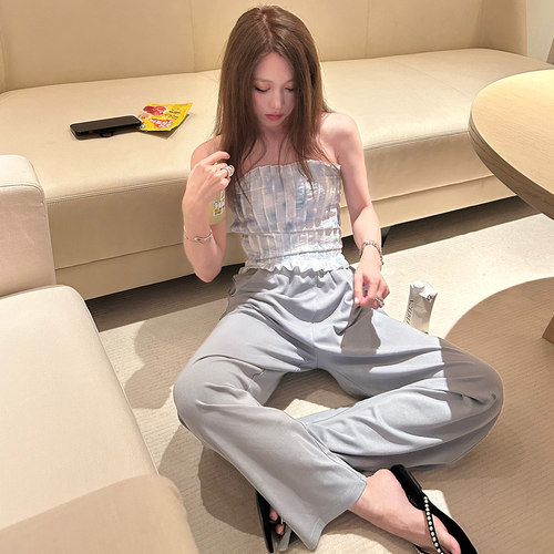 Avocadong du家chao嗲双色紧身花朵提花抹胸上衣