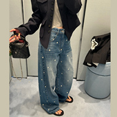 Avocadong 春夏中腰设计感长裤 版 型牛牛花朵刺绣阔腿宽松牛仔裤