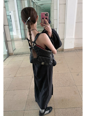 【5折特价】Avocadong 纸片人黑色吊带裙长款开叉显瘦连衣裙