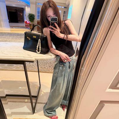 Avocadong 春夏腰带款高ji水洗宽松阔直筒牛仔裤女休闲长裤