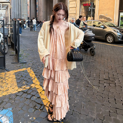 Avocadong 重工裸粉色多层蛋糕裙开叉挂脖无袖连衣裙女夏新款长裙