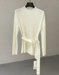 半高领百搭不规则下摆显瘦上衣保暖毛衣配腰带秋冬打底针织羊毛衫