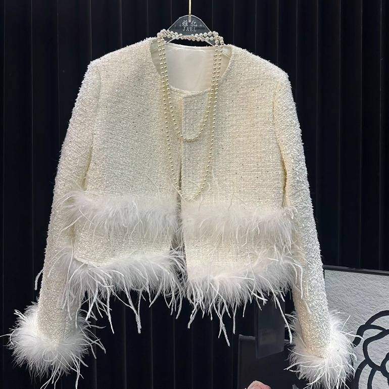 韩系氛围感重工羽毛长袖毛呢外套