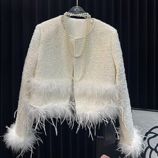 韩系氛围感重工羽毛长袖编织毛呢短外套女冬季新款小香风洋气上衣