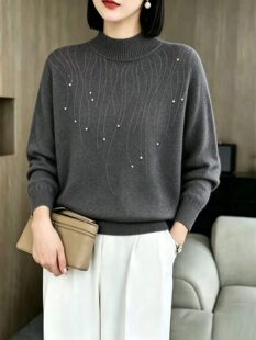 重工烫钻半高领打底衫女宽松洋气女子毛衫漂亮的加绒毛衣打底衫