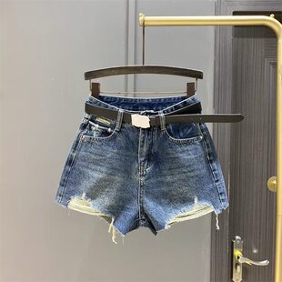 深色牛仔短裤女2026夏季新款欧货百搭破洞毛边显瘦阔腿裤a字热裤