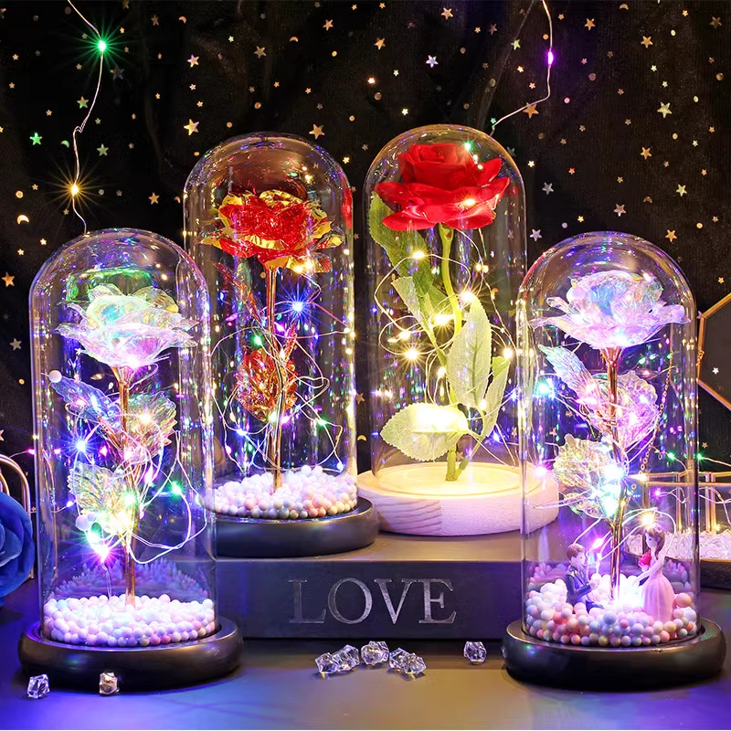 永生花玻璃罩玫瑰花金箔花带led灯情人节妇女节创意礼物摆件