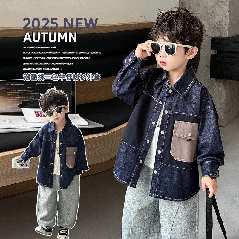 男童拼三色牛仔衬衫外套春秋装韩版儿童痞帅衬衣中小童上衣外贸