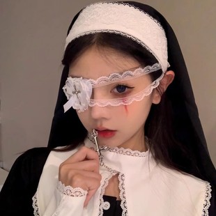 万圣节修女眼罩cos道具洛丽塔头饰蕾丝面罩暗黑风发饰氛围感装饰