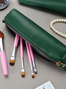 荔枝纹头层牛皮笔袋小物件收纳真皮化妆笔拉链包雪茄PLOOM拉链包