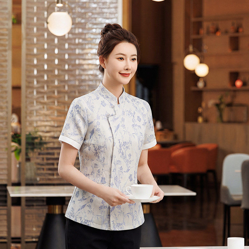 新中式高档酒店服务员工作服女短袖夏季立领餐厅餐饮制服