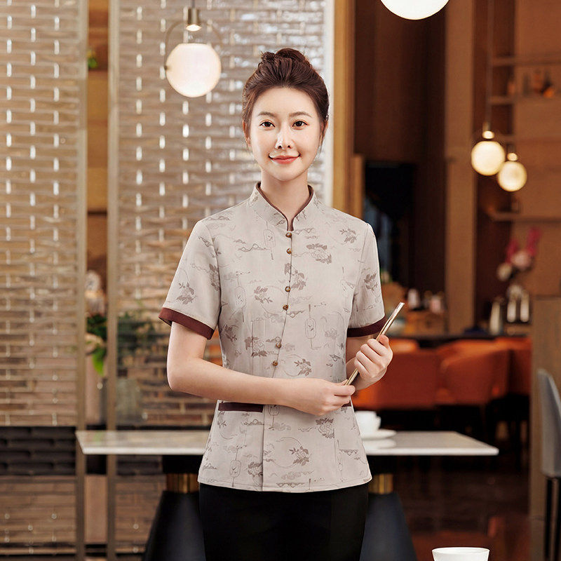 酒店服务员工作服短袖女立领盘扣中式酒店制服夏季透气