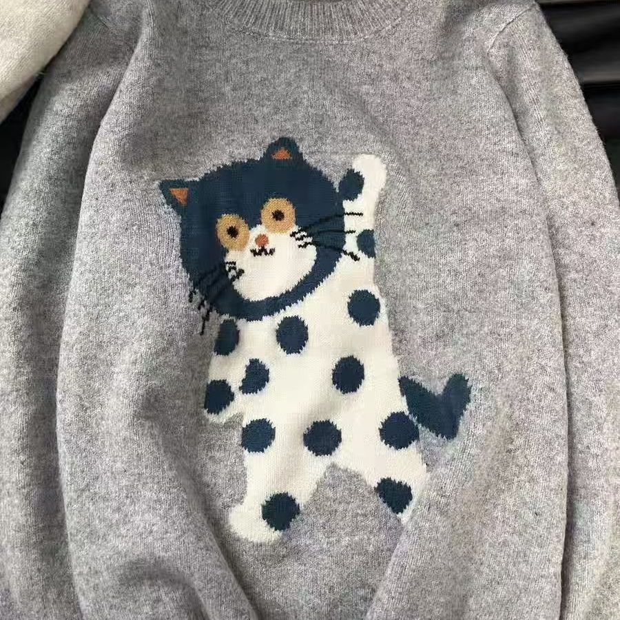 复古卡通猫咪图案毛衣女2025秋冬新款宽松慵懒保暖针织打底衫毛衣