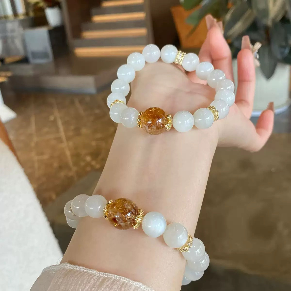 天然白幽灵水晶手串搭配黄阿塞黄水晶手链男女同款原创设计礼物