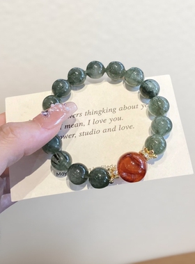 原创设计天然绿发晶招财转运手串胶花白水晶貔貅手链小众喜木火女