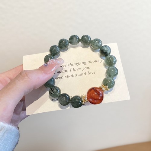 原创设计天然绿发晶招财转运手串胶花白水晶貔貅手链小众喜木火女