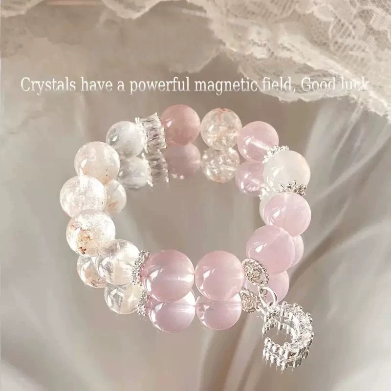 【星月神话】天然粉水晶白雪花幽灵手串桃花水晶手链