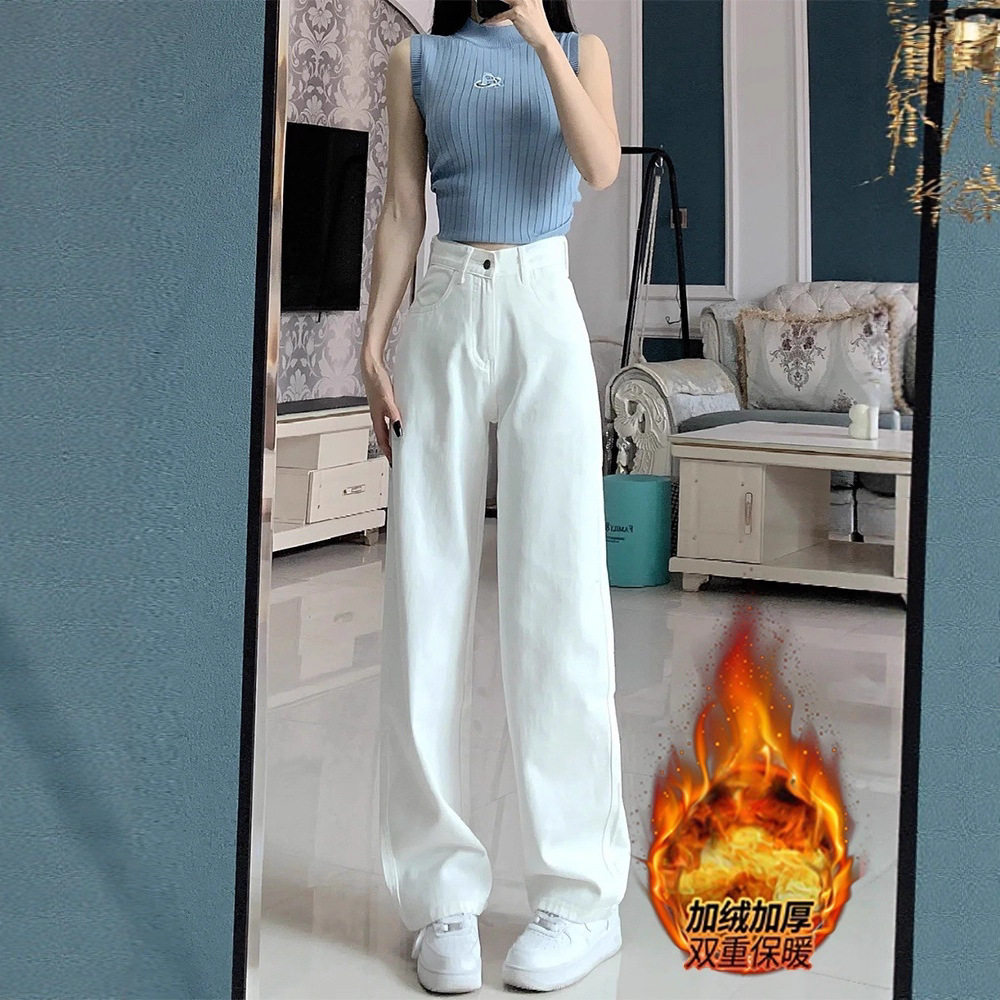 复古加绒阔腿牛仔裤女梨型身材大码胖mm高腰显瘦宽松直筒拖地裤子