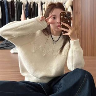 超好看白色马海毛秋毛衣女款2026新款春季宽松慵懒风针织衫上衣