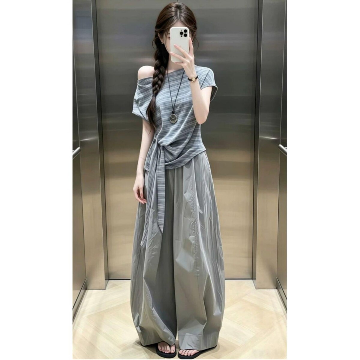 2026新款斜肩上衣阔腿裤套装女