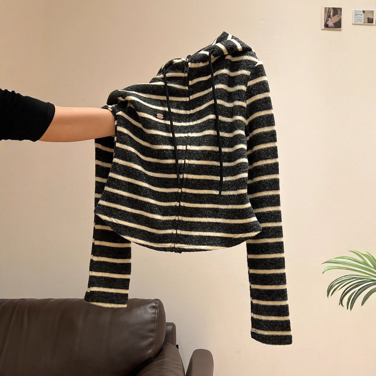 条纹长袖连帽针织打底衫拉链卫衣外套女2026秋装内搭修身开衫上衣