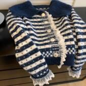 海军领毛衣外套女秋冬高级感软糯小香风蕾丝拼接大翻领针织衫 上衣