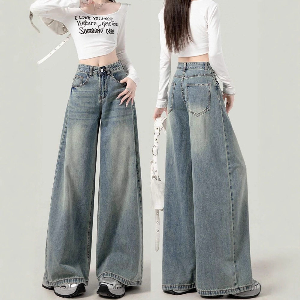 大码美式复古牛仔裤女2026新款春季胖mm显瘦直筒宽松窄版阔腿裤子