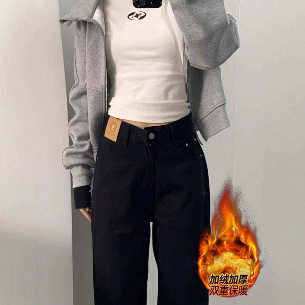 大码黑色加绒牛仔裤女直筒宽松秋冬胖mm宽松高腰显瘦拖地阔腿长裤