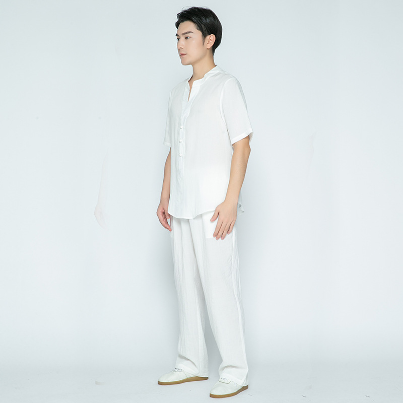 夏季新款太极拳练功服士成人练功服中国风亚麻短袖套装男