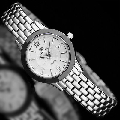 新款商务女防水品牌表带石英表瑞士手表简约精钢白色日历国产腕表