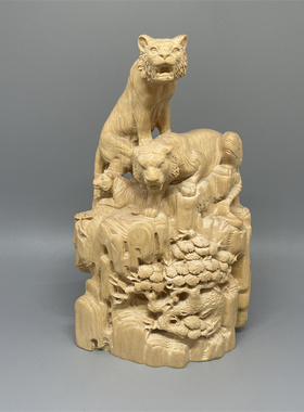 小叶黄杨木雕老虎猛虎虎生威三只虎上山岩森林万兽之王摆件工艺品