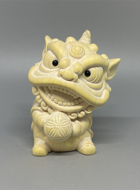 抱球招财舞狮黄杨木小摆件工艺品