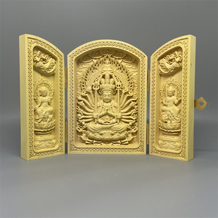 黄杨木雕刻三开盒佛像随身佛龛千手观音西方三圣地藏王药师佛摆件