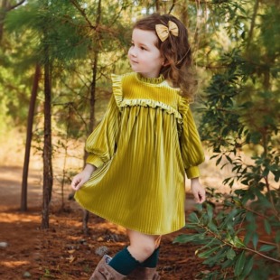 MorningDance 女童秋冬连衣裙丝绒裙宫廷风灯笼袖儿童宝宝公主裙