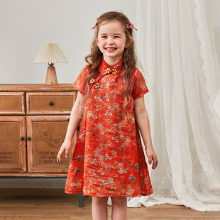 晨舞女童夏装短袖大摆苎麻旗袍亲子装中国风汉唐服宝小女孩母女装
