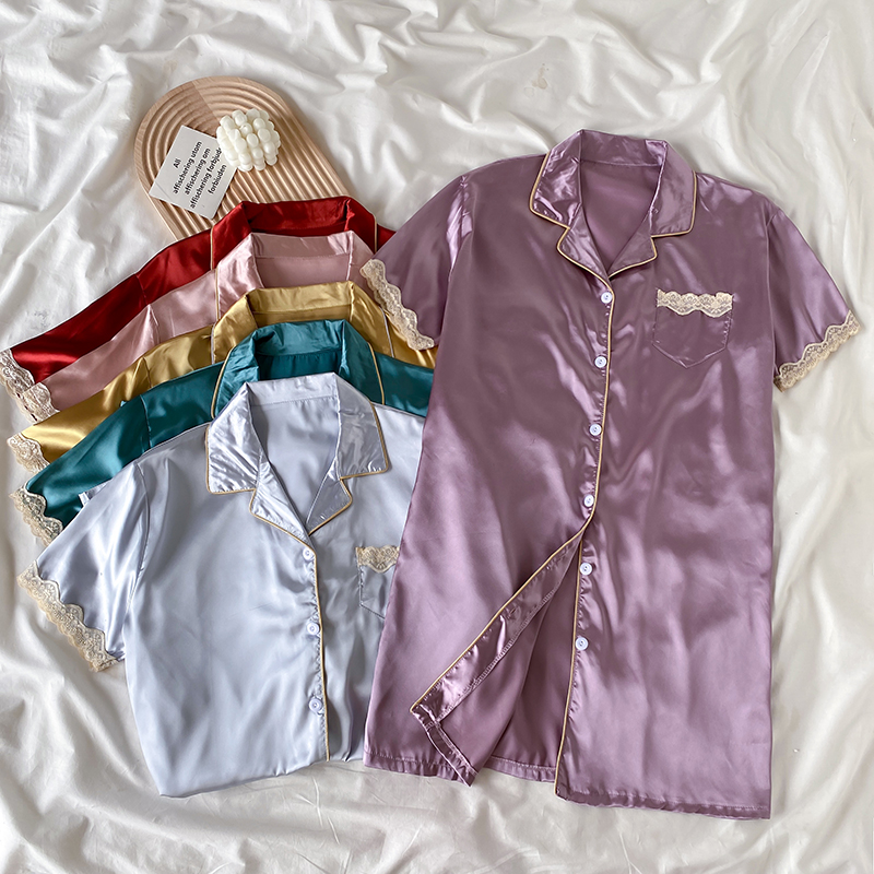 Real shot real price Korean version ice silk nightdress medium length pajamas