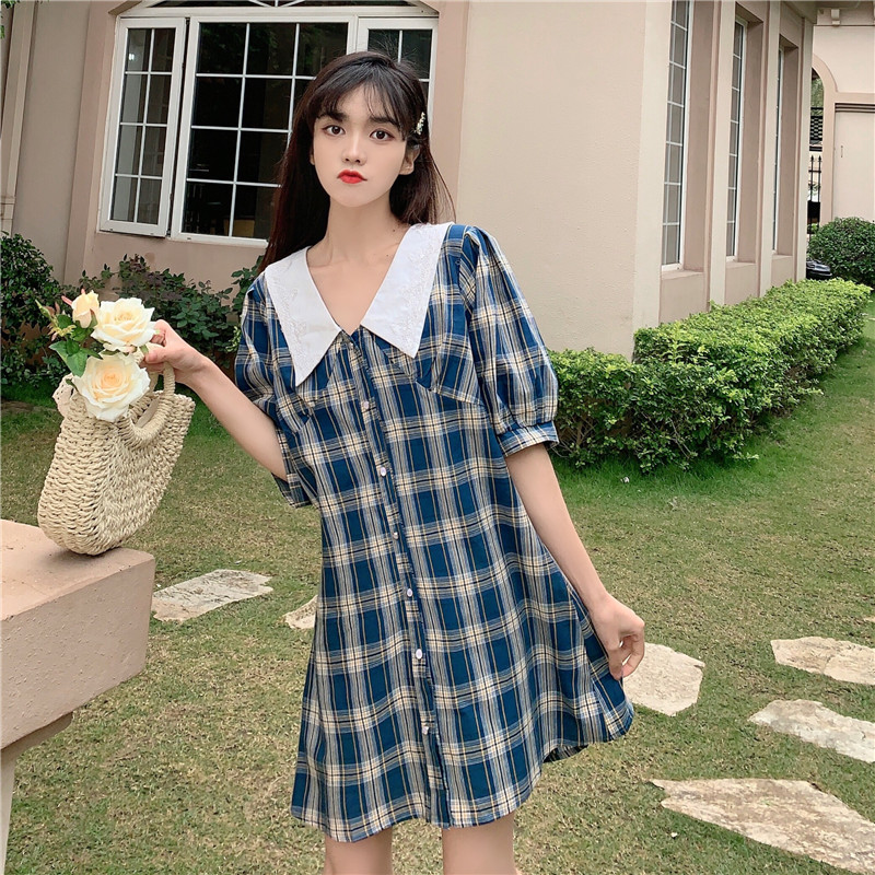 Real price Korean version net red plaid waist show thin fashion Plaid Dress women