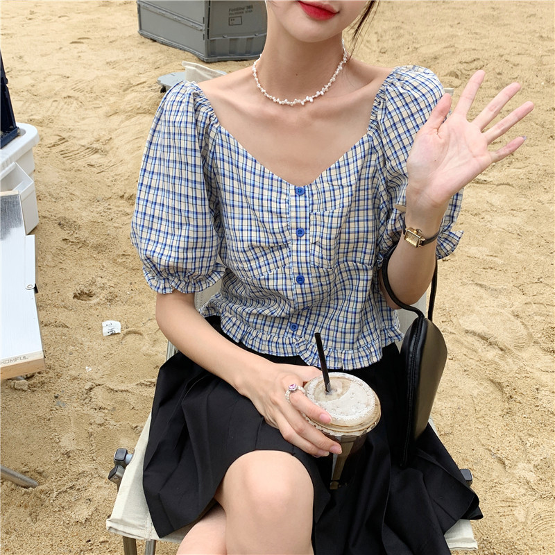 Real price Korean square collar PLAID RUFFLE baby shirt + versatile pleated skirt