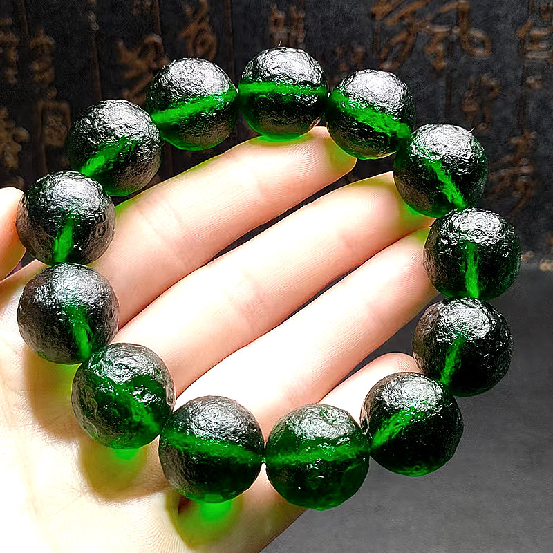 正品天然捷克玻璃陨石手链冰翠色17mm