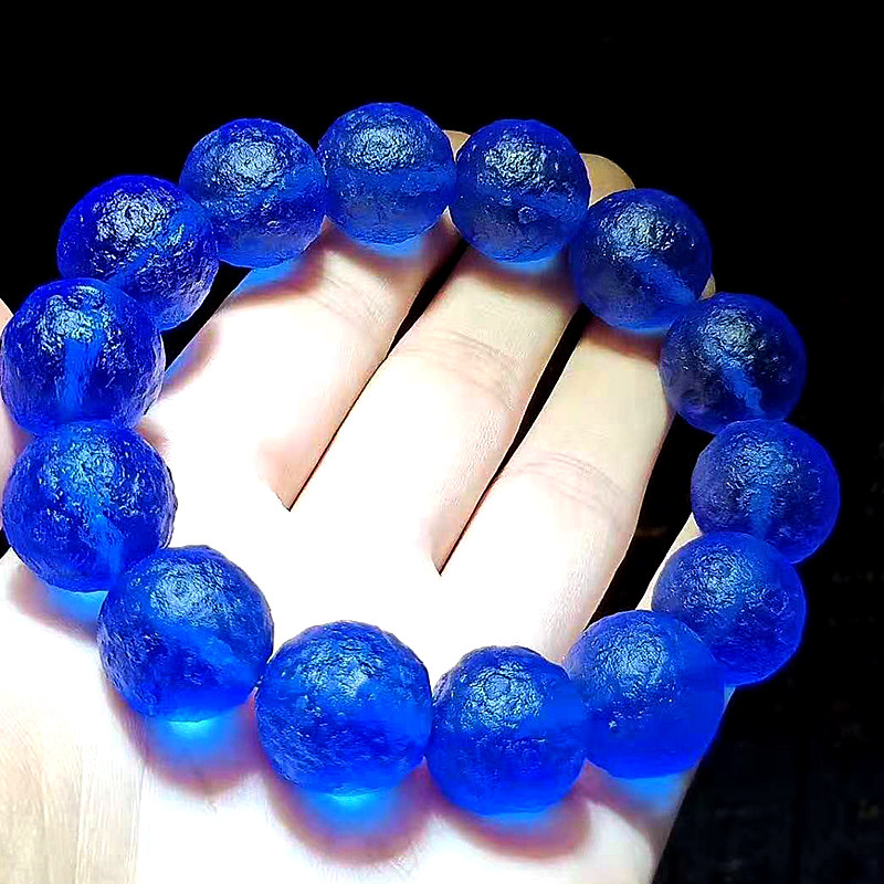 正品天然宝石蓝玻璃陨石大颗粒磨砂麻面手链宇宙之外陨石手串16mm